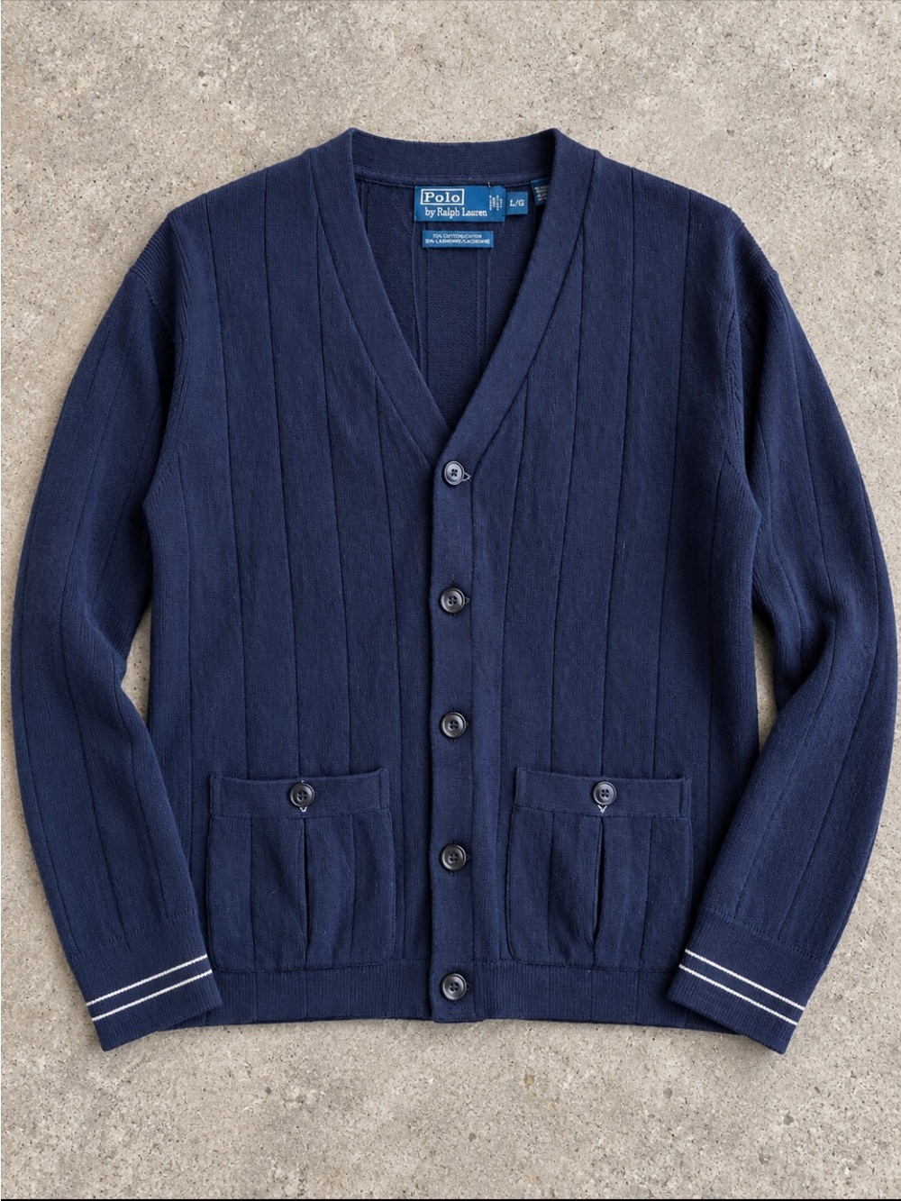 Polo Ralph Lauren Cashmere Cotton Cardigan Men Large Navy Button Pocket Sweater